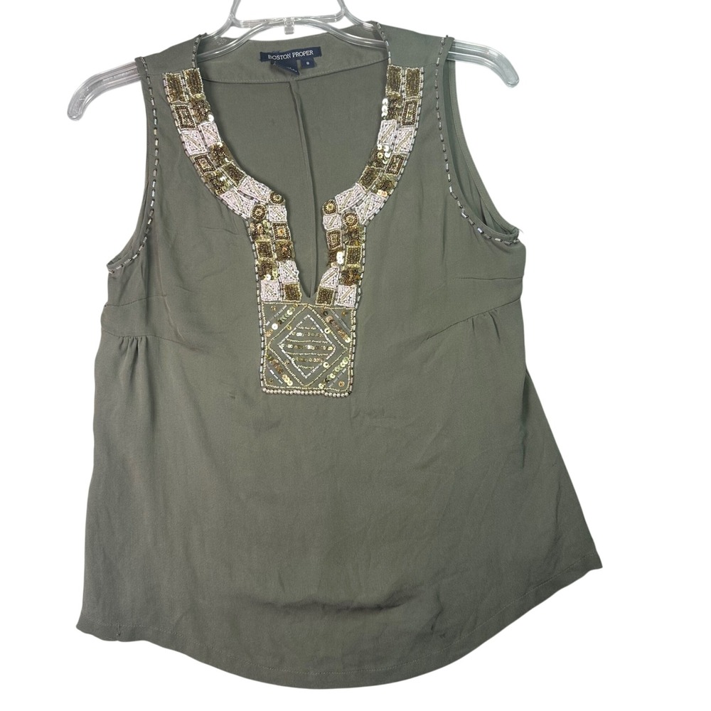 Boston Proper 100% Silk Beaded Sequin Tank Top Boho Chic Size 8 Olive Green